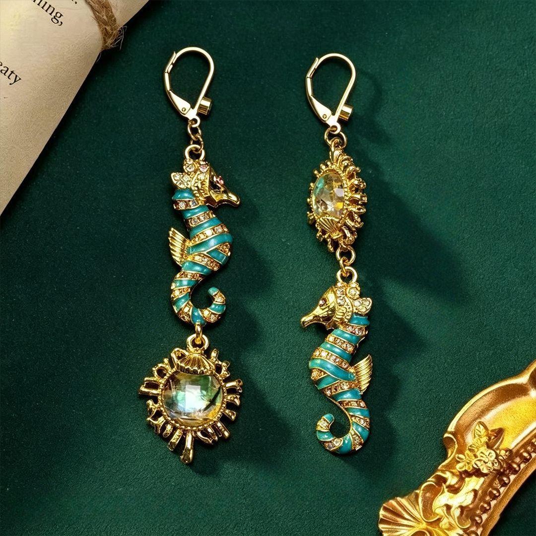 Hippocampus Enamel Drop Earrings For Women In Retro Style With Multicolor Rhinestones And Zinc Alloy