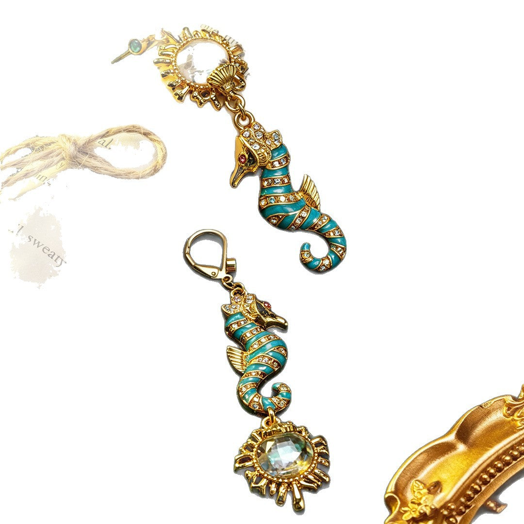 Hippocampus Enamel Drop Earrings For Women In Retro Style With Multicolor Rhinestones And Zinc Alloy