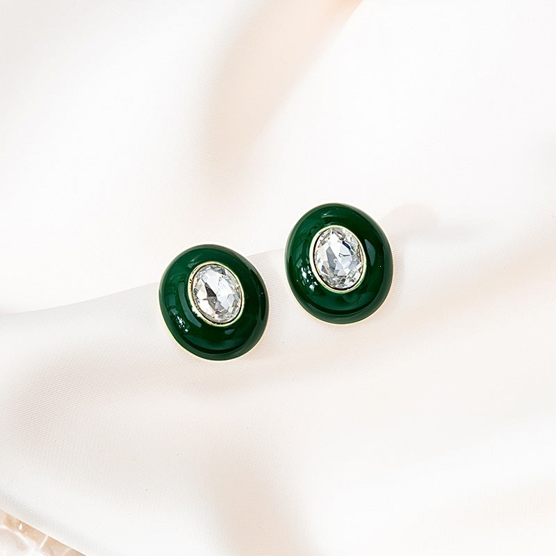 Heart Shape Stud Earrings For Women Featuring Green Enamel And Rhinestones Inlay With 304 Stainless Steel Alloy Posts