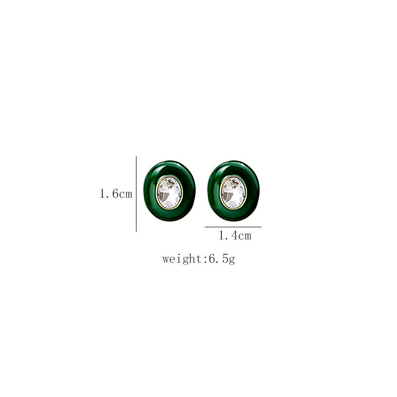 Heart Shape Stud Earrings For Women Featuring Green Enamel And Rhinestones Inlay With 304 Stainless Steel Alloy Posts