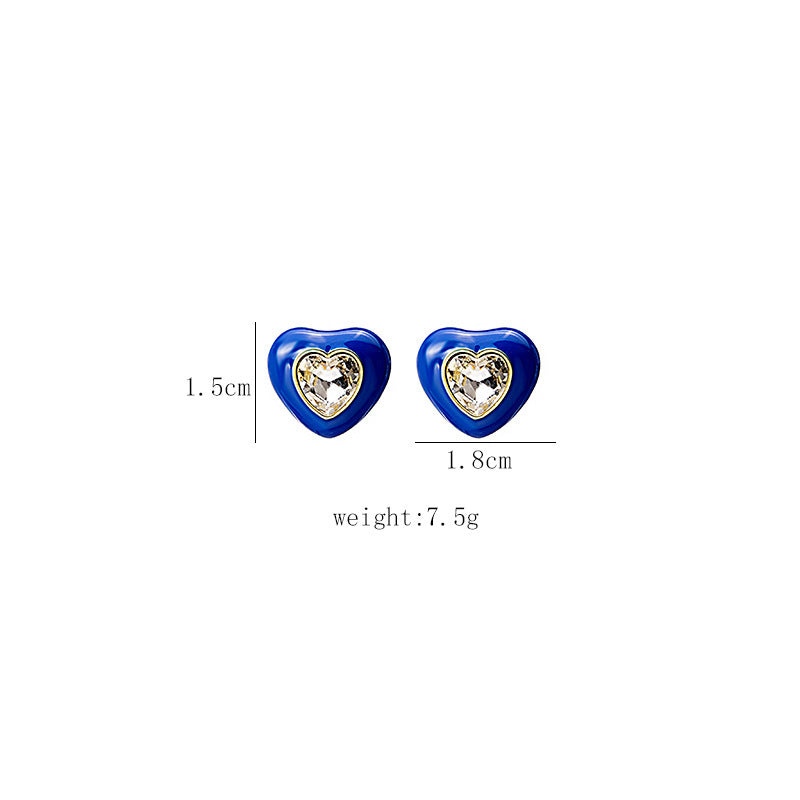 Heart Shape Stud Earrings For Women Featuring Green Enamel And Rhinestones Inlay With 304 Stainless Steel Alloy Posts
