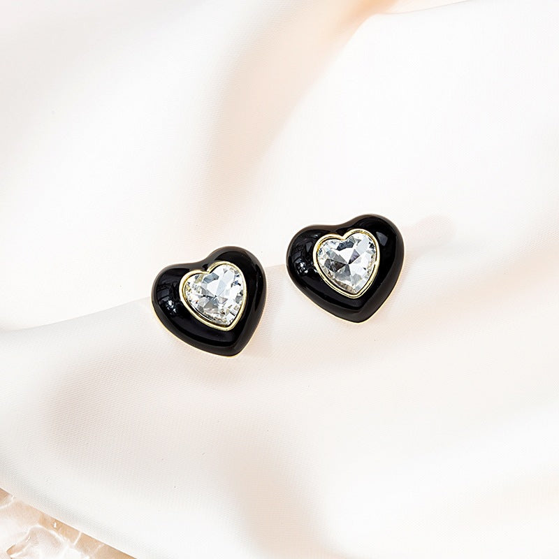 Heart Shape Stud Earrings For Women Featuring Green Enamel And Rhinestones Inlay With 304 Stainless Steel Alloy Posts
