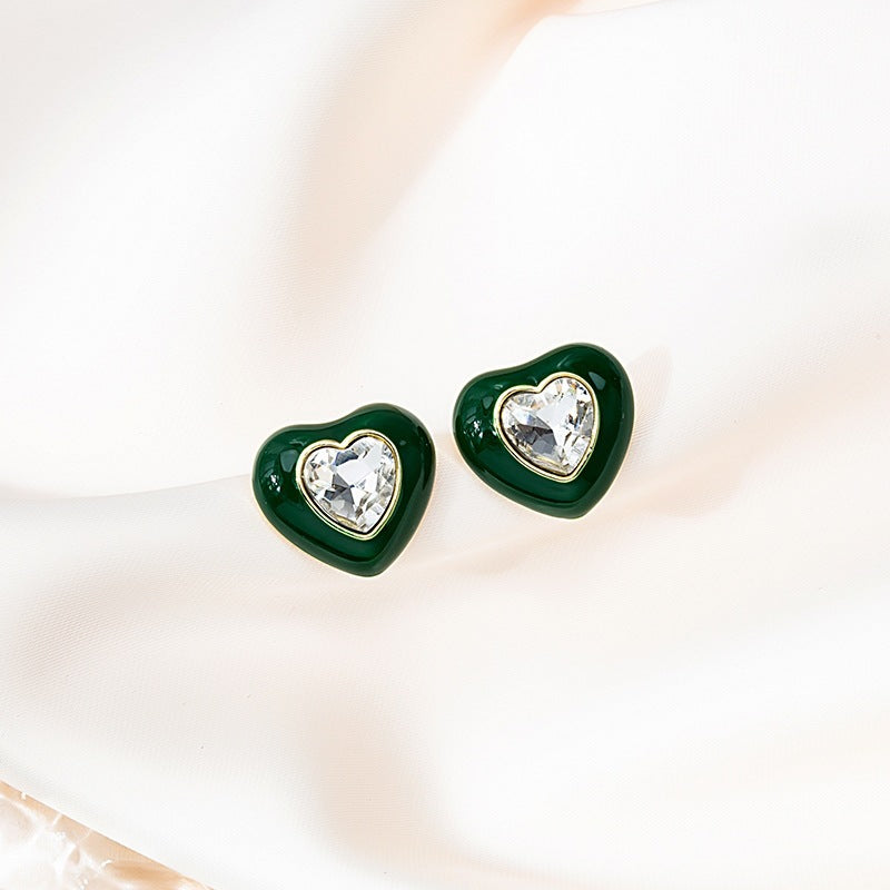 Heart Shape Stud Earrings For Women Featuring Green Enamel And Rhinestones Inlay With 304 Stainless Steel Alloy Posts