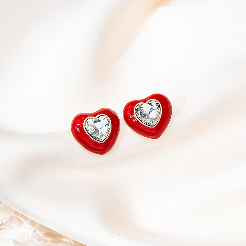 Heart Shape Stud Earrings For Women Featuring Green Enamel And Rhinestones Inlay With 304 Stainless Steel Alloy Posts