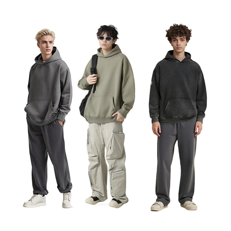 Men's Vintage Style Dyed Black Long Sleeve Hoodie In Washed Cotton Fabric