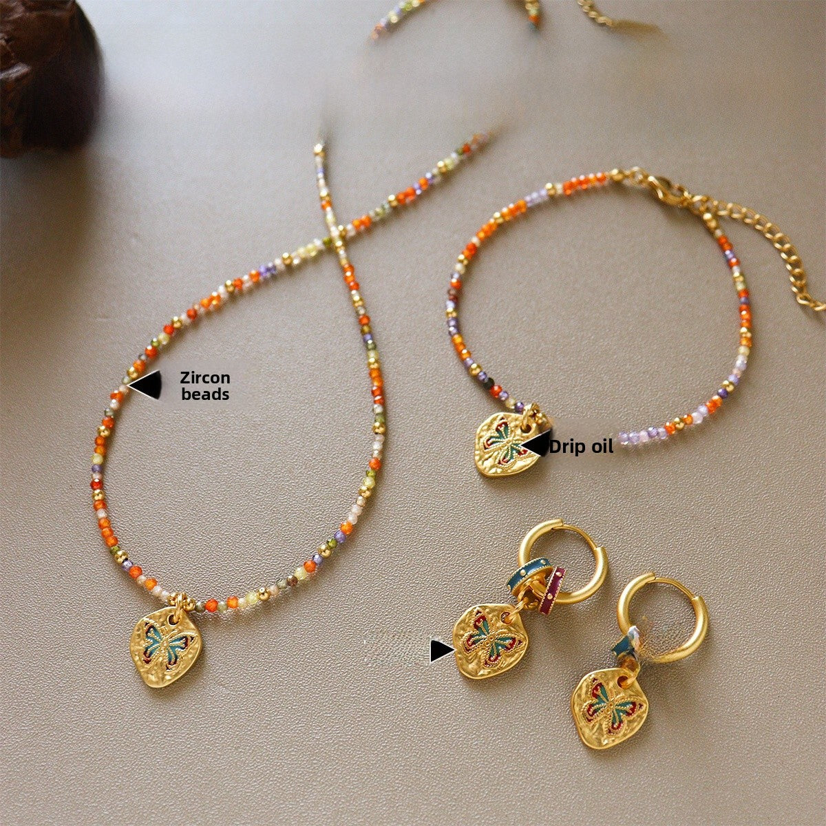 Butterfly Beading Necklace With Copper Pendant And Zircon Inlay, Unisex Handmade Chain In Colour