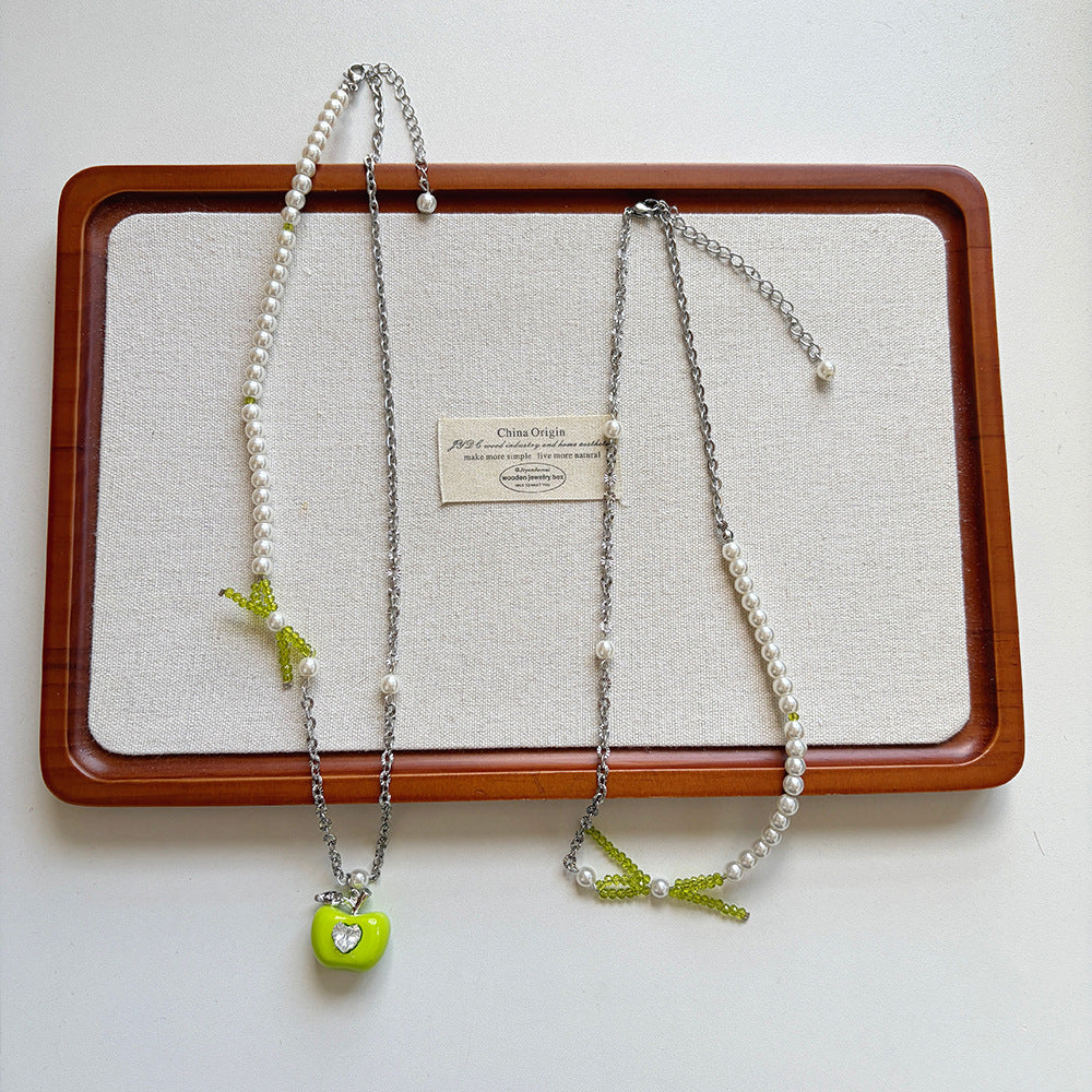 Apple Beading Pendant Necklace For Women In Sweet Style With Cyan Beaded Chain