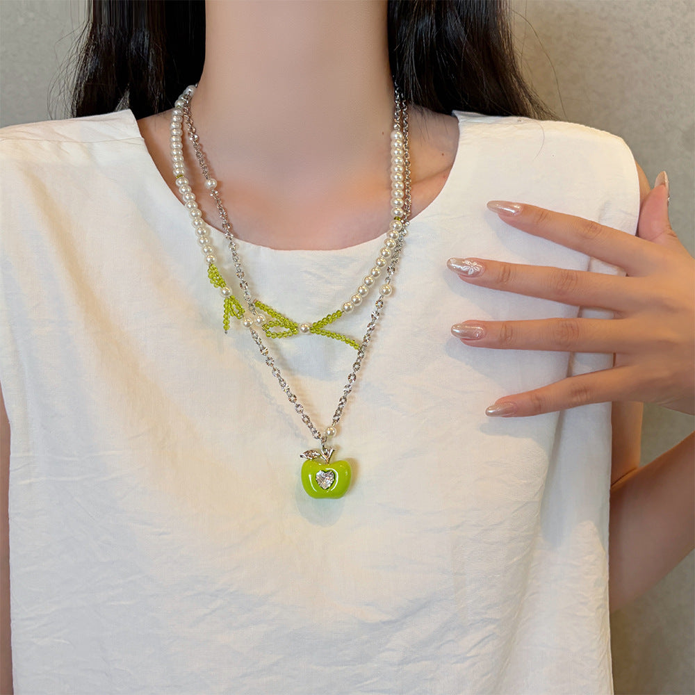 Apple Beading Pendant Necklace For Women In Sweet Style With Cyan Beaded Chain