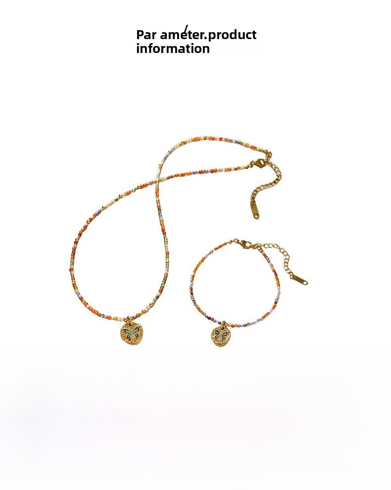 Butterfly Beading Necklace With Copper Pendant And Zircon Inlay, Unisex Handmade Chain In Colour