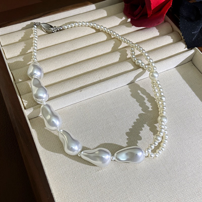 Handmade Baroque Style White Imitation Pearl Necklace For Women With Beaded Chain