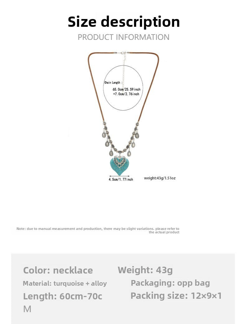 Handmade Heart Shape Pendant Necklace For Women With Multicolor Alloy And Natural Stone Turquoise Inlay