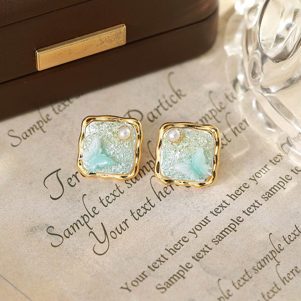 Flowers Enamel Stud Earrings In Copper With Freshwater Pearl Inlay, Featuring 925 Sterling Silver Posts, Retro Style For Women