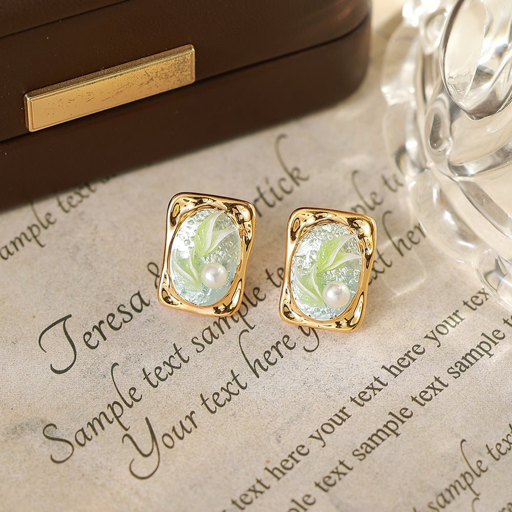 Flowers Enamel Stud Earrings In Copper With Freshwater Pearl Inlay, Featuring 925 Sterling Silver Posts, Retro Style For Women