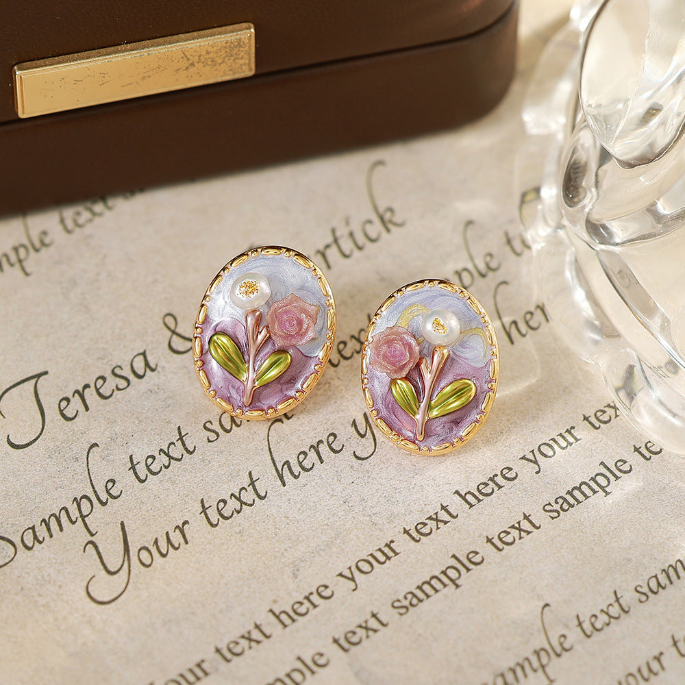 Flowers Enamel Stud Earrings In Copper With Freshwater Pearl Inlay, Featuring 925 Sterling Silver Posts, Retro Style For Women
