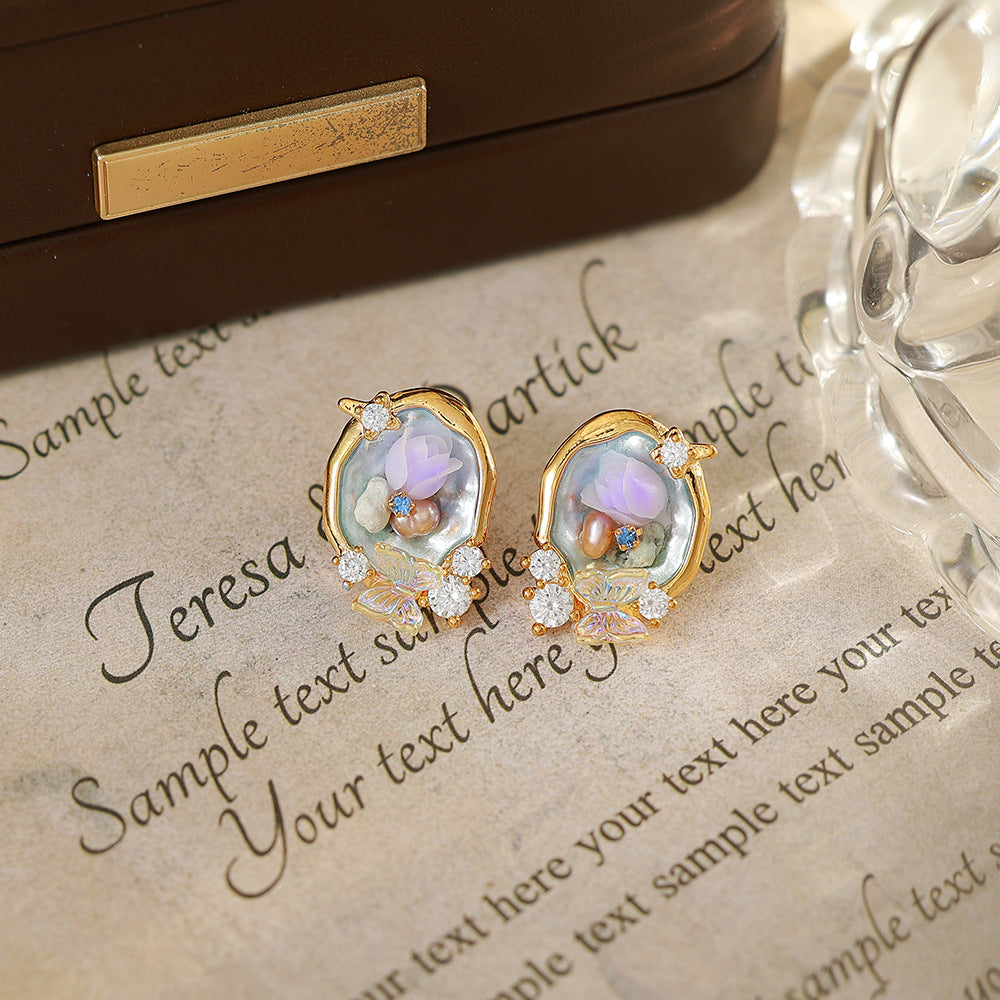 Flowers Enamel Stud Earrings In Copper With Freshwater Pearl Inlay, Featuring 925 Sterling Silver Posts, Retro Style For Women