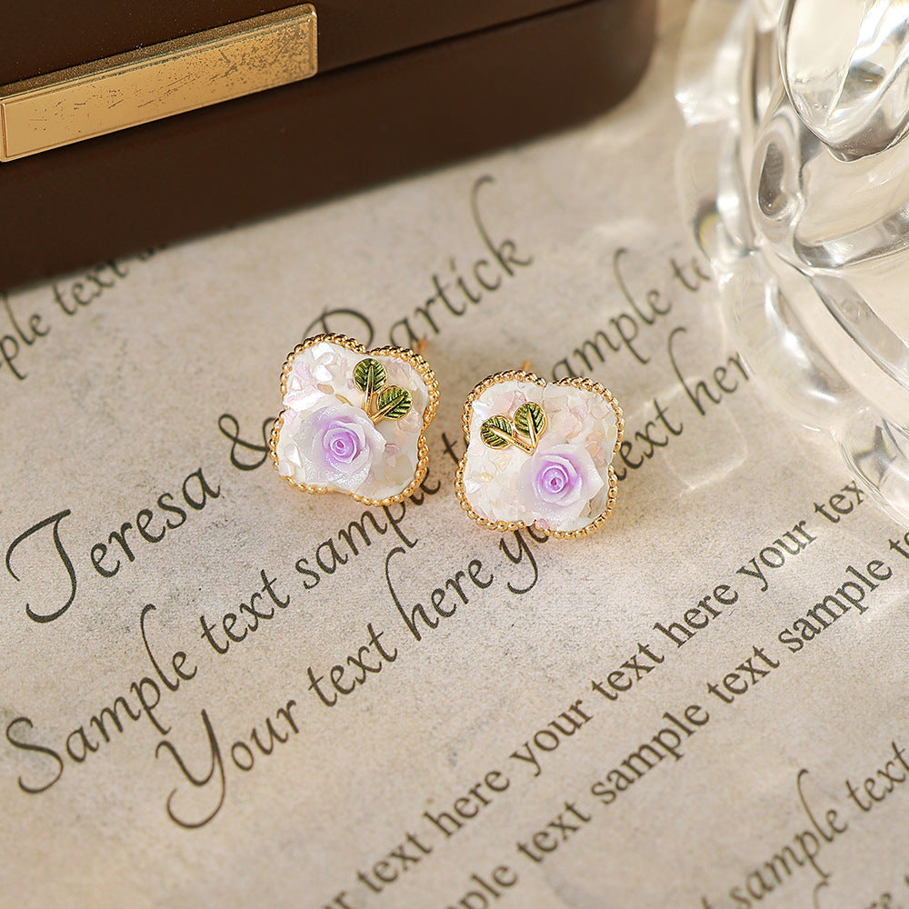 Flowers Enamel Stud Earrings In Copper With Freshwater Pearl Inlay, Featuring 925 Sterling Silver Posts, Retro Style For Women