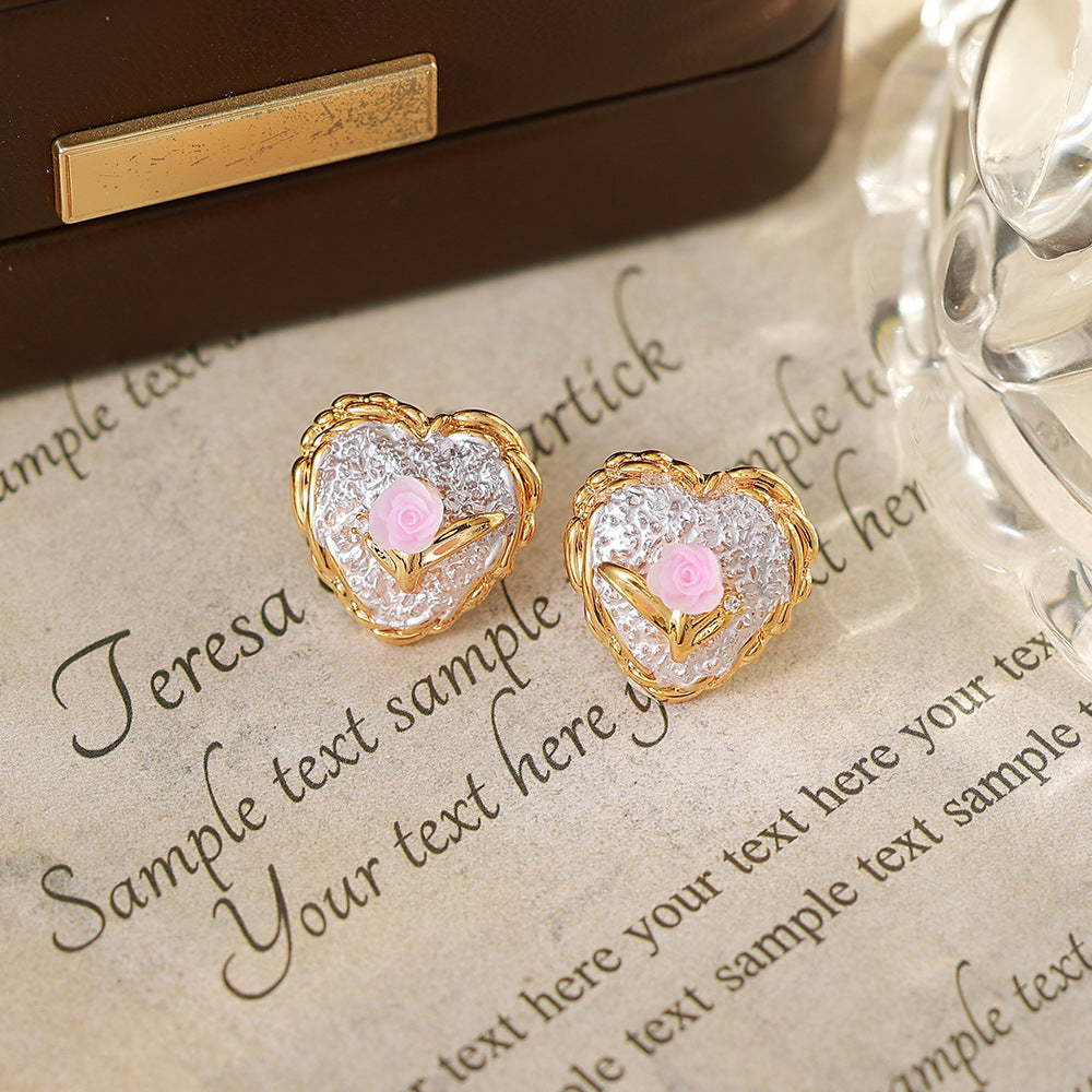 Flowers Enamel Stud Earrings In Copper With Freshwater Pearl Inlay, Featuring 925 Sterling Silver Posts, Retro Style For Women