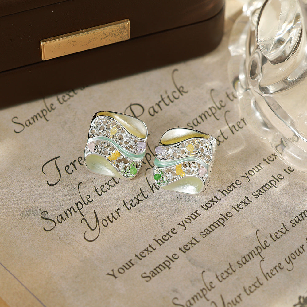 Flowers Enamel Stud Earrings In Copper With Freshwater Pearl Inlay, Featuring 925 Sterling Silver Posts, Retro Style For Women