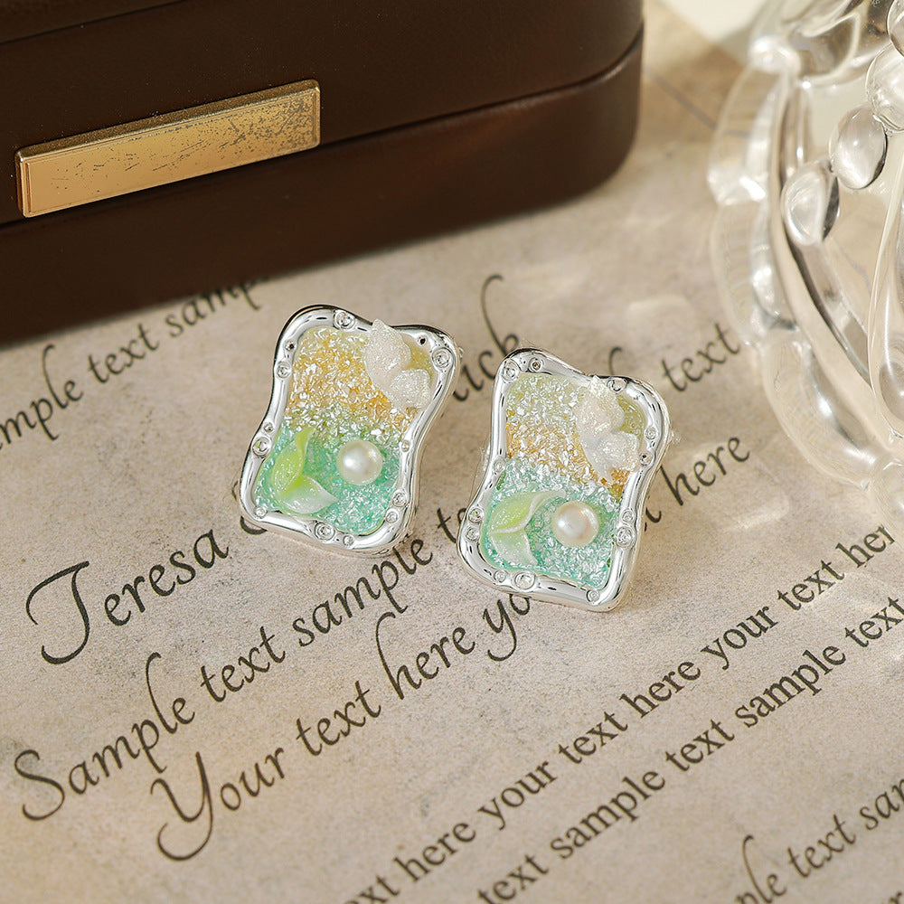 Flowers Enamel Stud Earrings In Copper With Freshwater Pearl Inlay, Featuring 925 Sterling Silver Posts, Retro Style For Women
