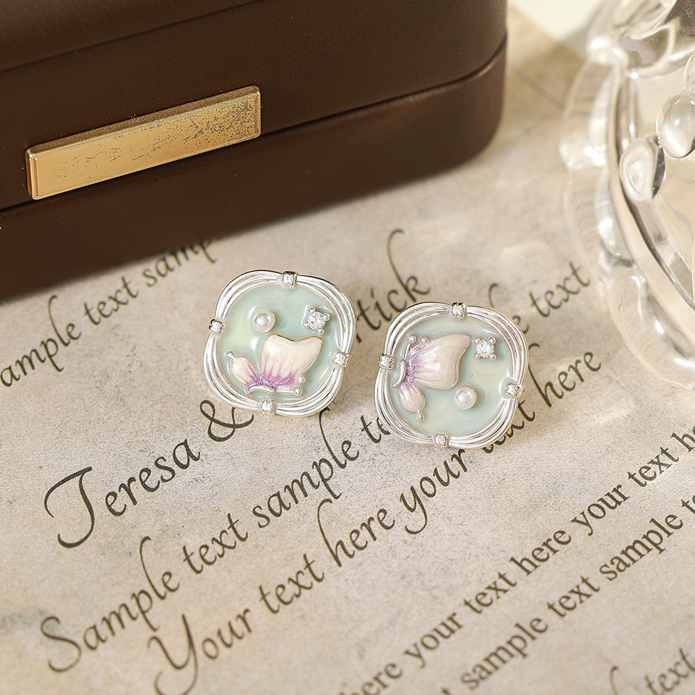 Flowers Enamel Stud Earrings In Copper With Freshwater Pearl Inlay, Featuring 925 Sterling Silver Posts, Retro Style For Women
