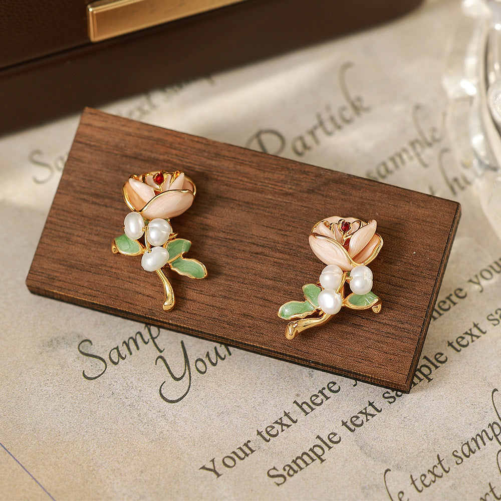 Flowers Enamel Stud Earrings In Copper With Freshwater Pearl Inlay, Featuring 925 Sterling Silver Posts, Retro Style For Women