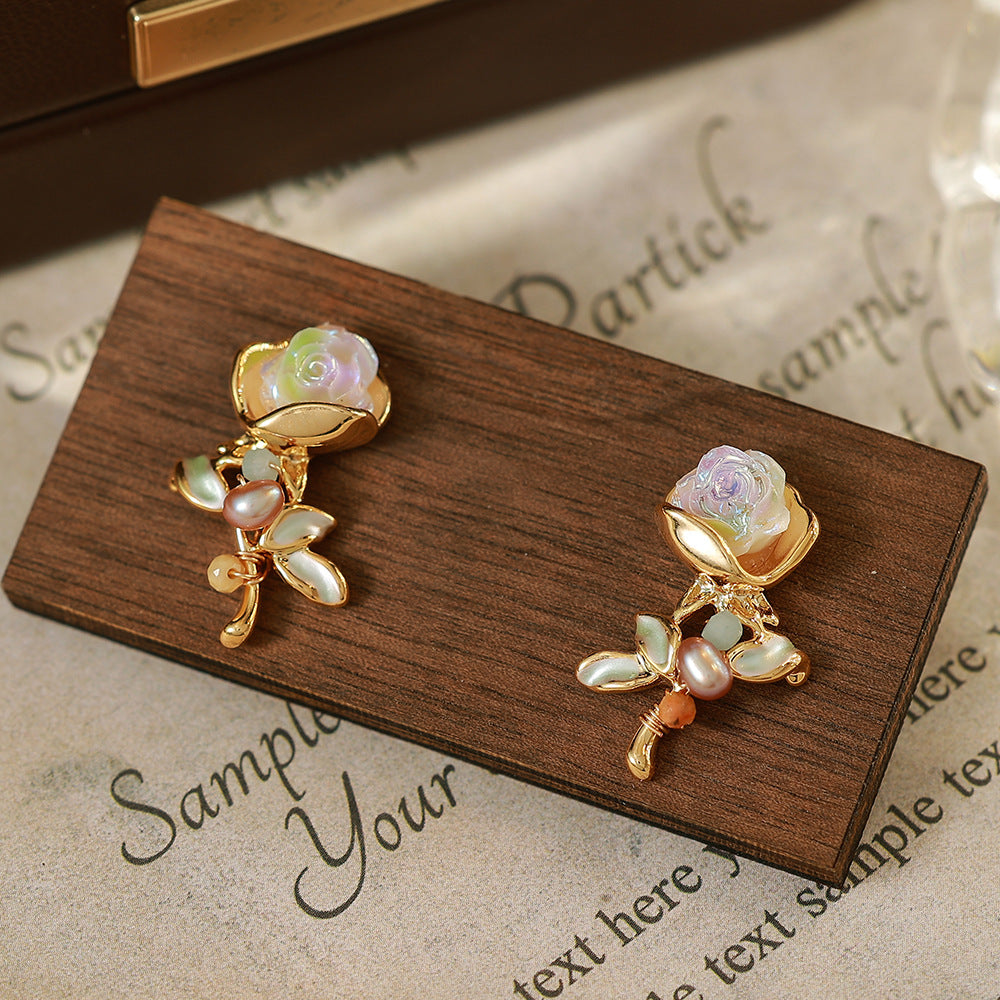 Flowers Enamel Stud Earrings In Copper With Freshwater Pearl Inlay, Featuring 925 Sterling Silver Posts, Retro Style For Women