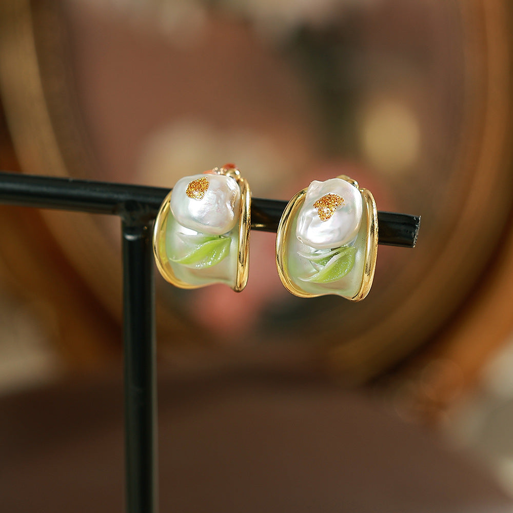 Flowers Enamel Stud Earrings In Copper With Freshwater Pearl Inlay, Featuring 925 Sterling Silver Posts, Retro Style For Women