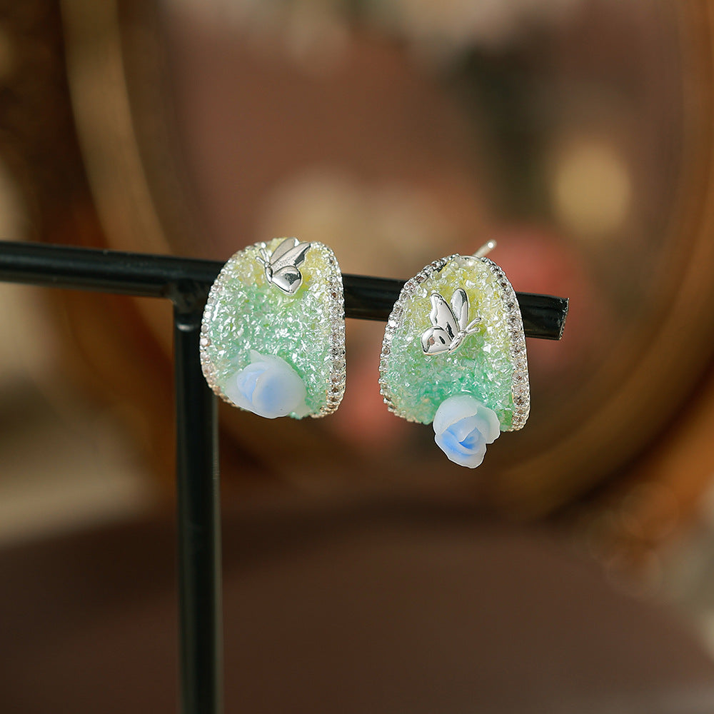 Flowers Enamel Stud Earrings In Copper With Freshwater Pearl Inlay, Featuring 925 Sterling Silver Posts, Retro Style For Women