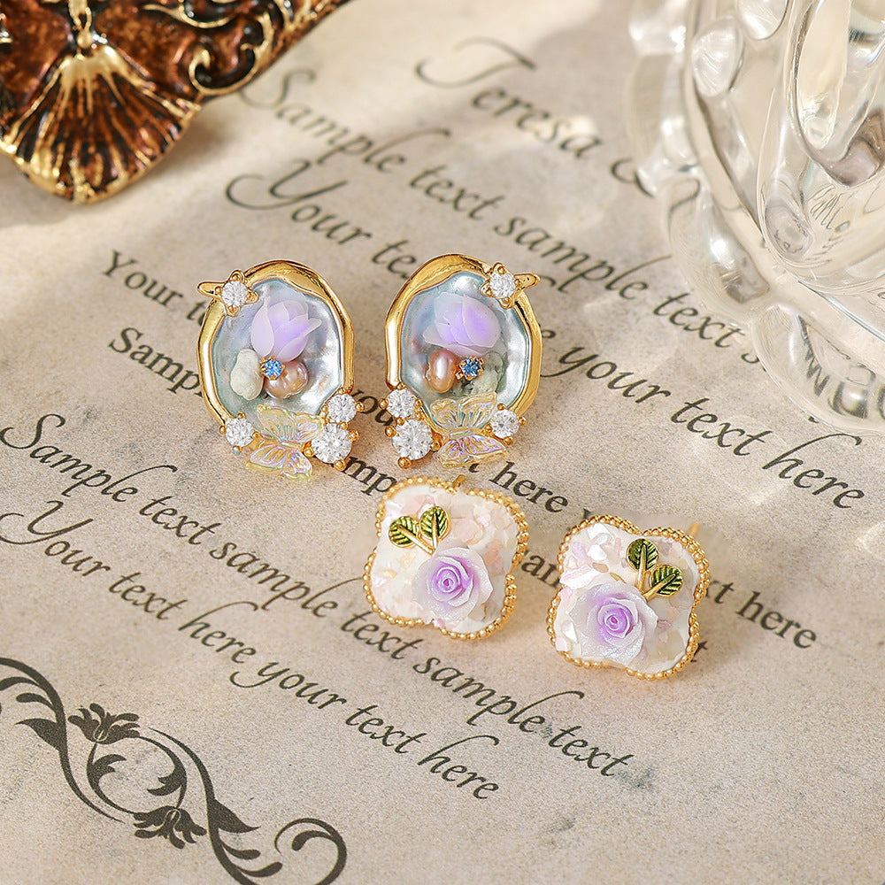 Flowers Enamel Stud Earrings In Copper With Freshwater Pearl Inlay, Featuring 925 Sterling Silver Posts, Retro Style For Women