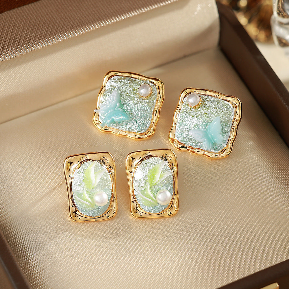 Flowers Enamel Stud Earrings In Copper With Freshwater Pearl Inlay, Featuring 925 Sterling Silver Posts, Retro Style For Women