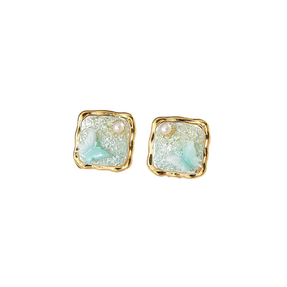 Flowers Enamel Stud Earrings In Copper With Freshwater Pearl Inlay, Featuring 925 Sterling Silver Posts, Retro Style For Women