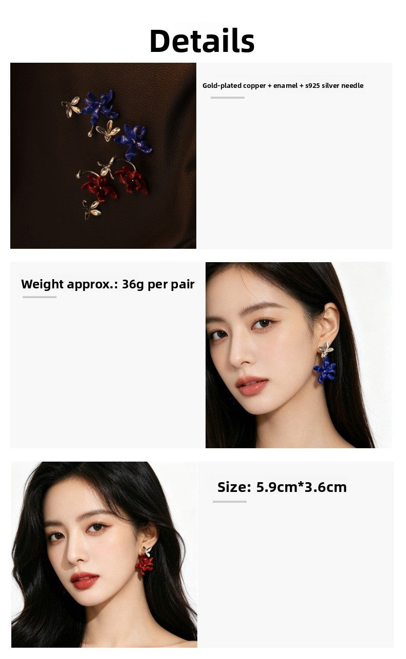 Flowers Enamel Stud Earrings In Copper With Real Gold Plated And 925 Sterling Silver Posts, Sweet Style For Women