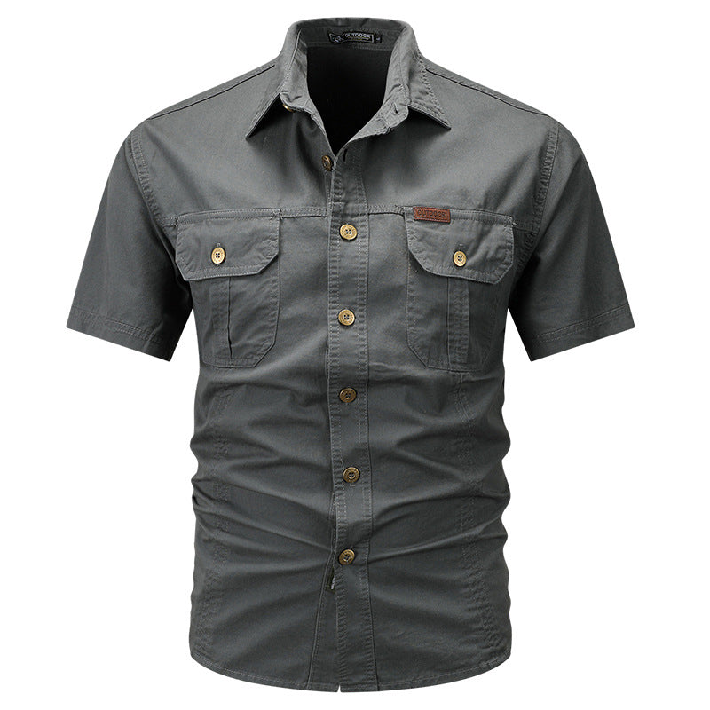 Solid Color Short Sleeve Cotton Blouse For Men In Simple Style With Placket