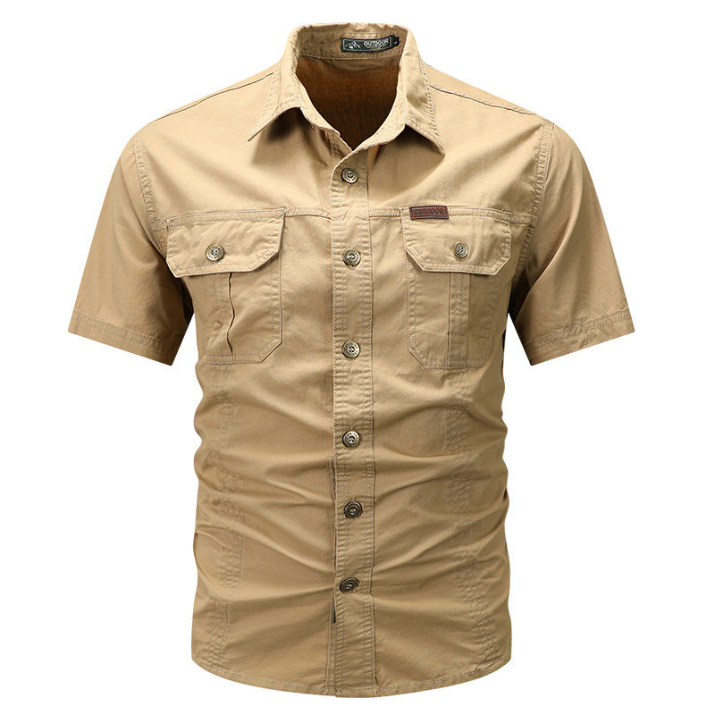 Solid Color Short Sleeve Cotton Blouse For Men In Simple Style With Placket