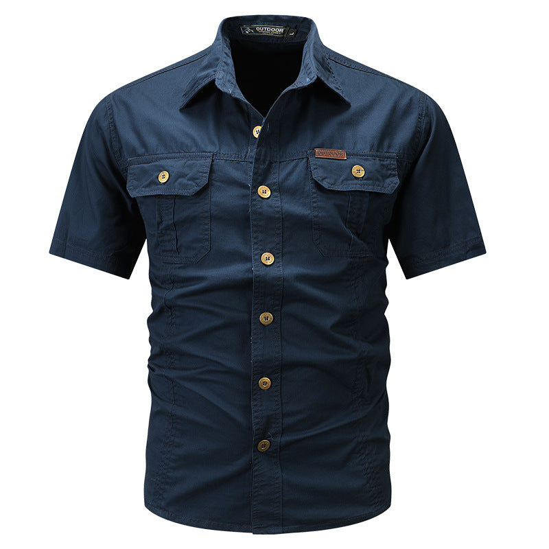 Solid Color Short Sleeve Cotton Blouse For Men In Simple Style With Placket