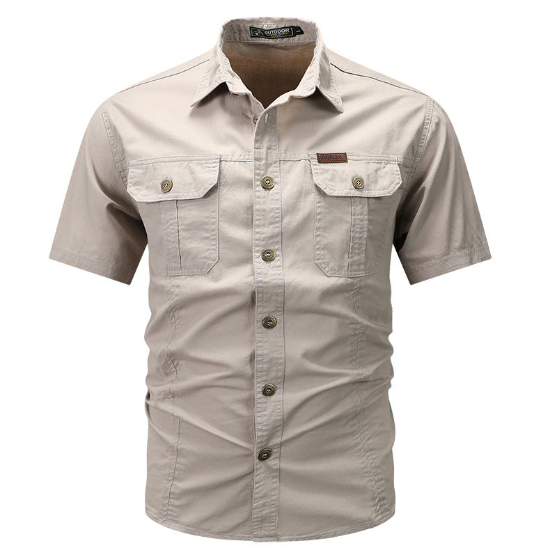 Solid Color Short Sleeve Cotton Blouse For Men In Simple Style With Placket