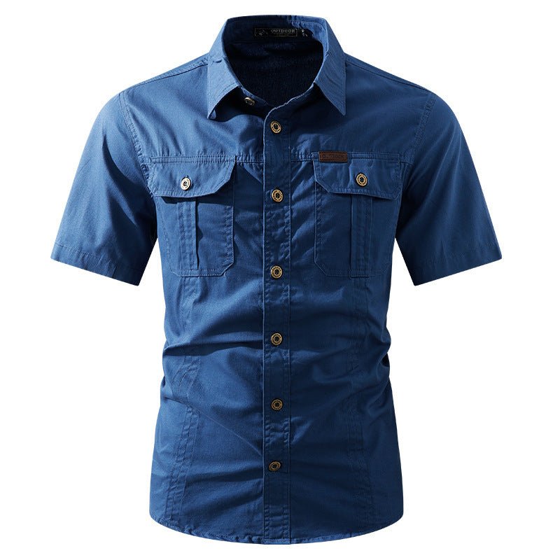 Solid Color Short Sleeve Cotton Blouse For Men In Simple Style With Placket