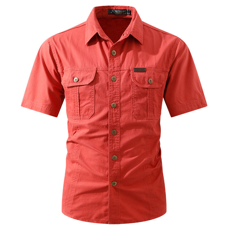 Solid Color Short Sleeve Cotton Blouse For Men In Simple Style With Placket