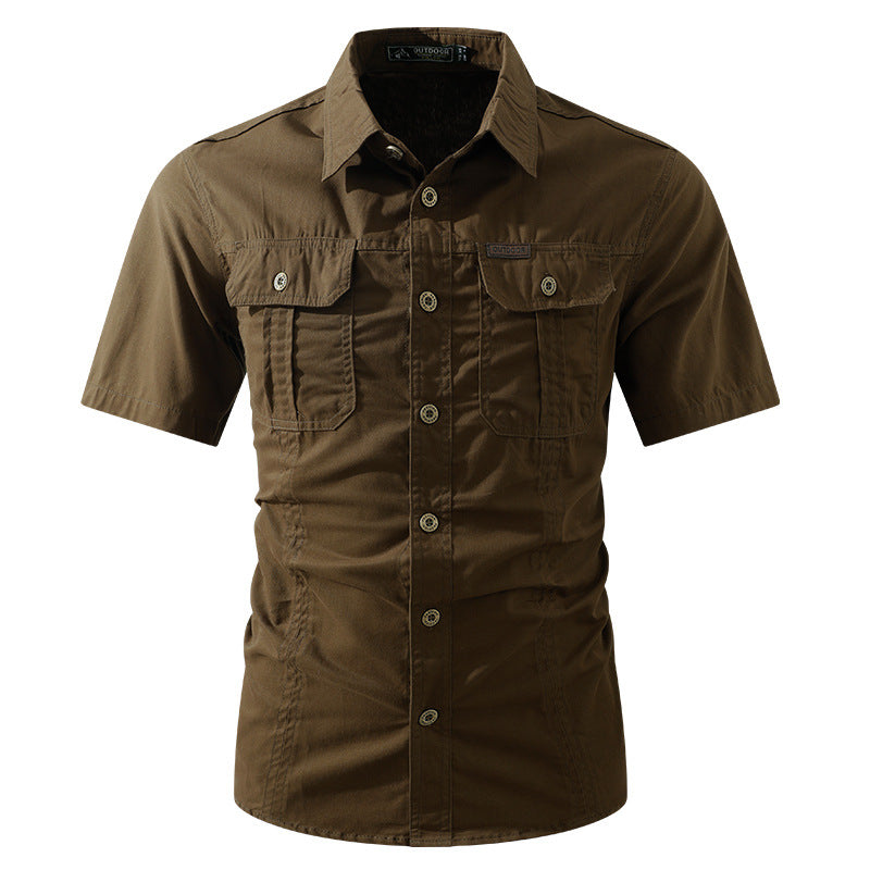 Solid Color Short Sleeve Cotton Blouse For Men In Simple Style With Placket