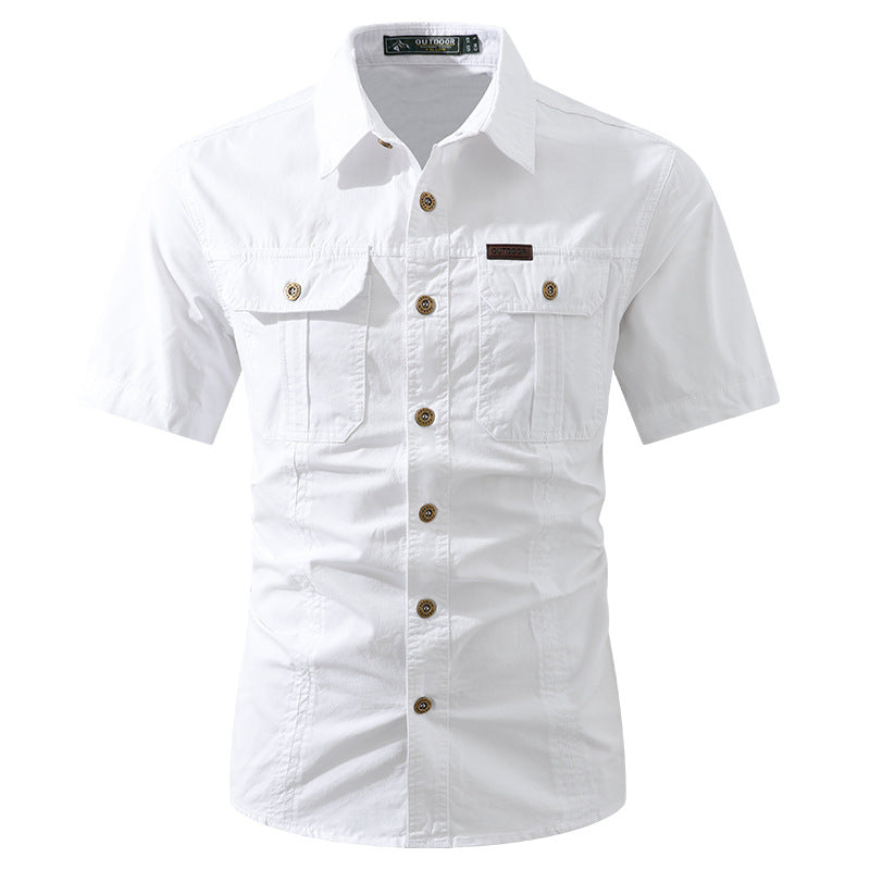 Solid Color Short Sleeve Cotton Blouse For Men In Simple Style With Placket
