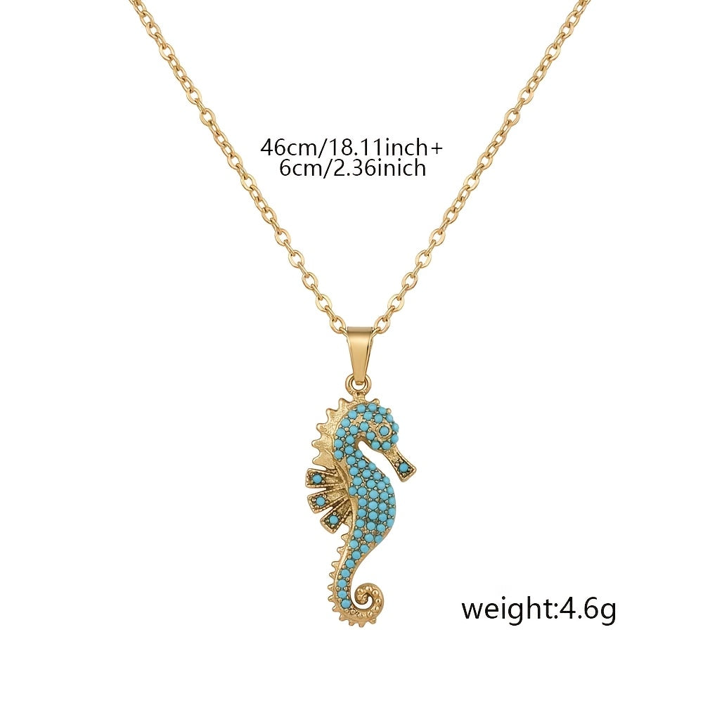 Hippocampus Necklace For Adults, Waterproof 304 Stainless Steel With 18K Gold Plated PVD Coating And Turquoise Inlay, Cable Chain