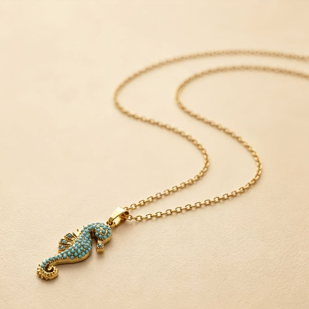 Hippocampus Necklace For Adults, Waterproof 304 Stainless Steel With 18K Gold Plated PVD Coating And Turquoise Inlay, Cable Chain