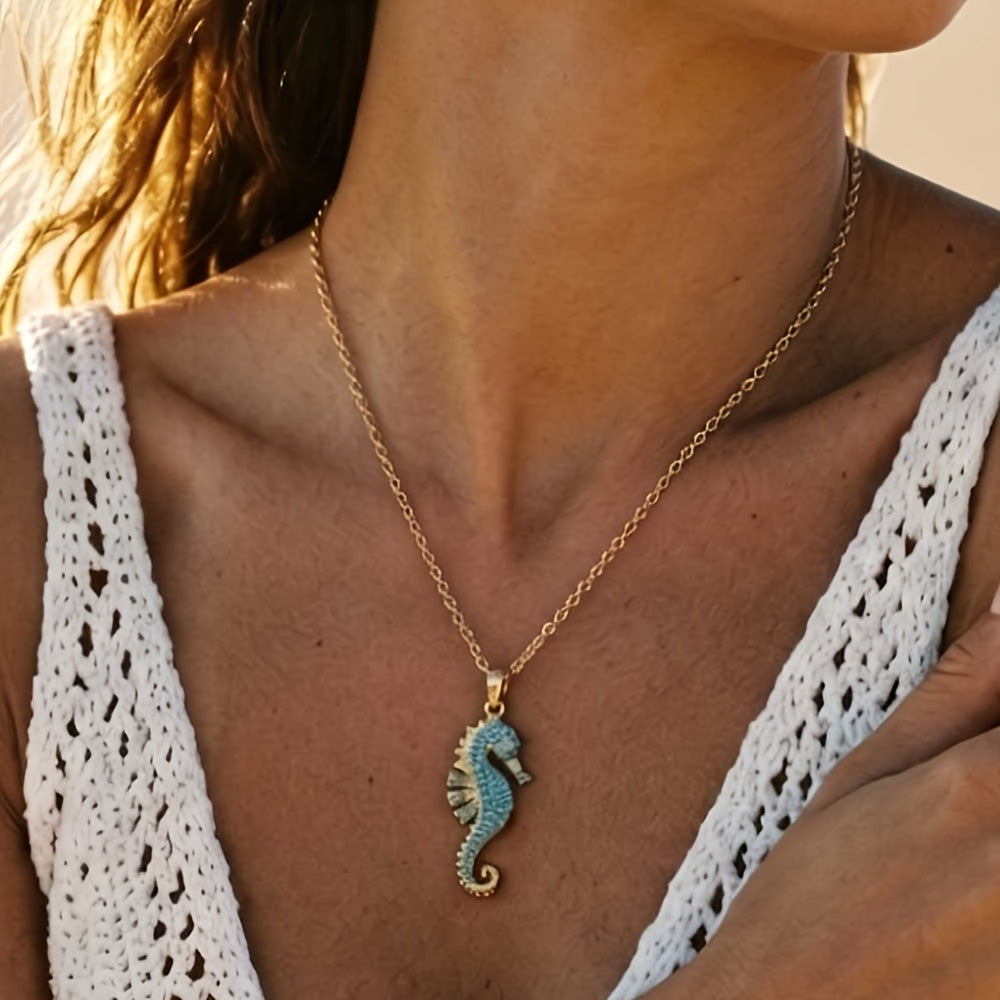 Hippocampus Necklace For Adults, Waterproof 304 Stainless Steel With 18K Gold Plated PVD Coating And Turquoise Inlay, Cable Chain