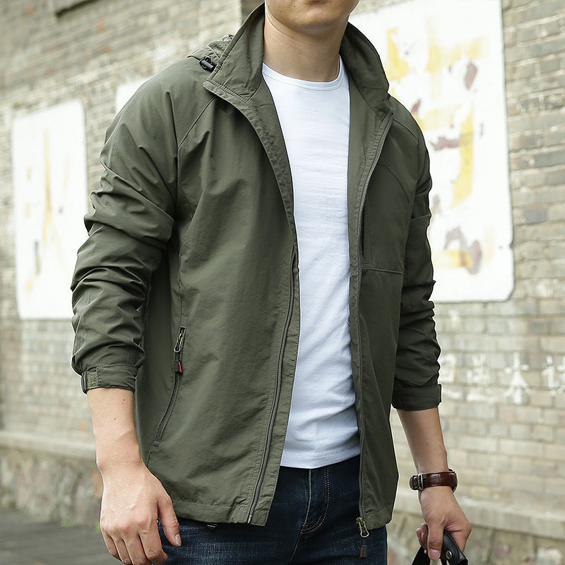 Men's Simple Style Outdoor Jacket With Zipper Placket In Solid Color, Made Of Durable Nylon Fabric