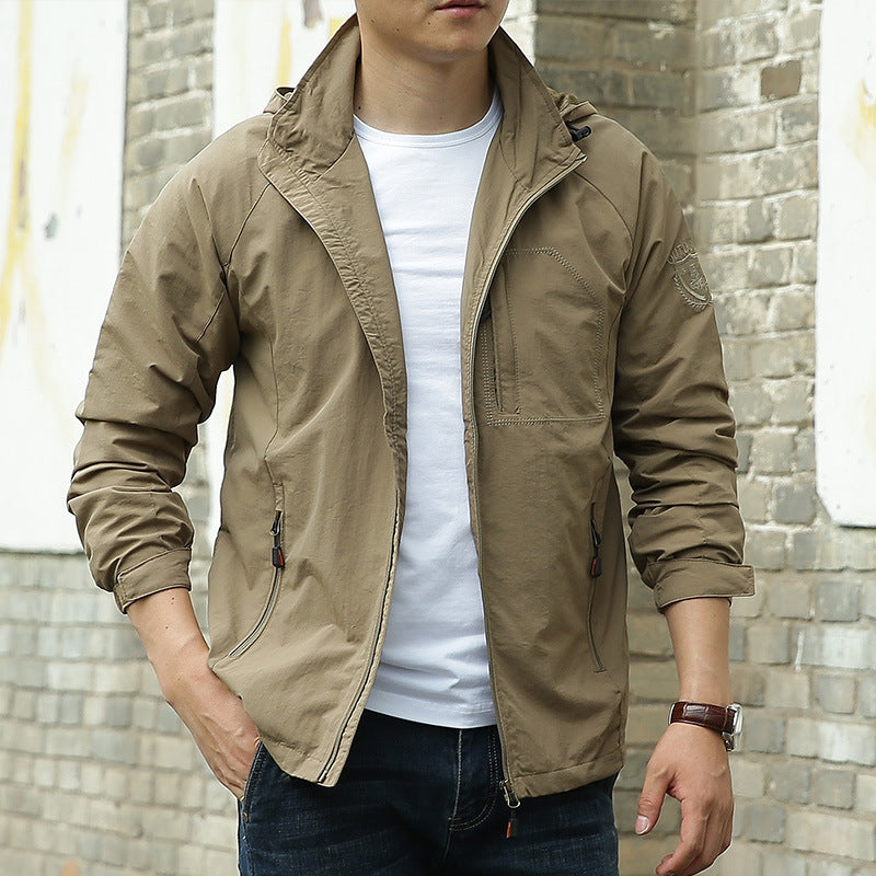 Men's Simple Style Outdoor Jacket With Zipper Placket In Solid Color, Made Of Durable Nylon Fabric