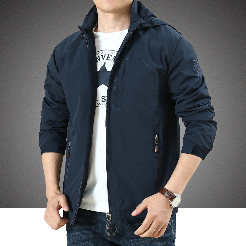 Men's Simple Style Outdoor Jacket With Zipper Placket In Solid Color, Made Of Durable Nylon Fabric