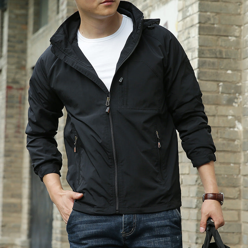 Men's Simple Style Outdoor Jacket With Zipper Placket In Solid Color, Made Of Durable Nylon Fabric