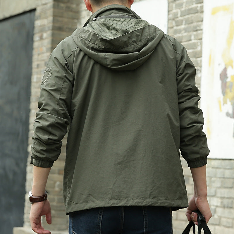Men's Simple Style Outdoor Jacket With Zipper Placket In Solid Color, Made Of Durable Nylon Fabric