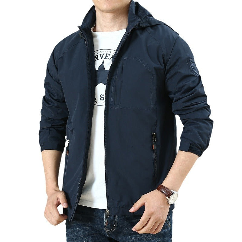 Men's Simple Style Outdoor Jacket With Zipper Placket In Solid Color, Made Of Durable Nylon Fabric