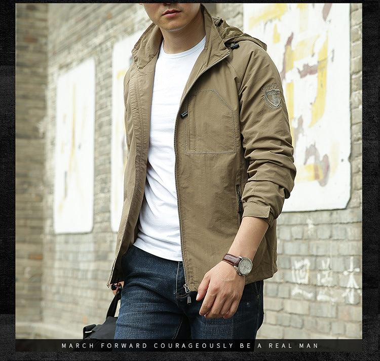 Men's Simple Style Outdoor Jacket With Zipper Placket In Solid Color, Made Of Durable Nylon Fabric